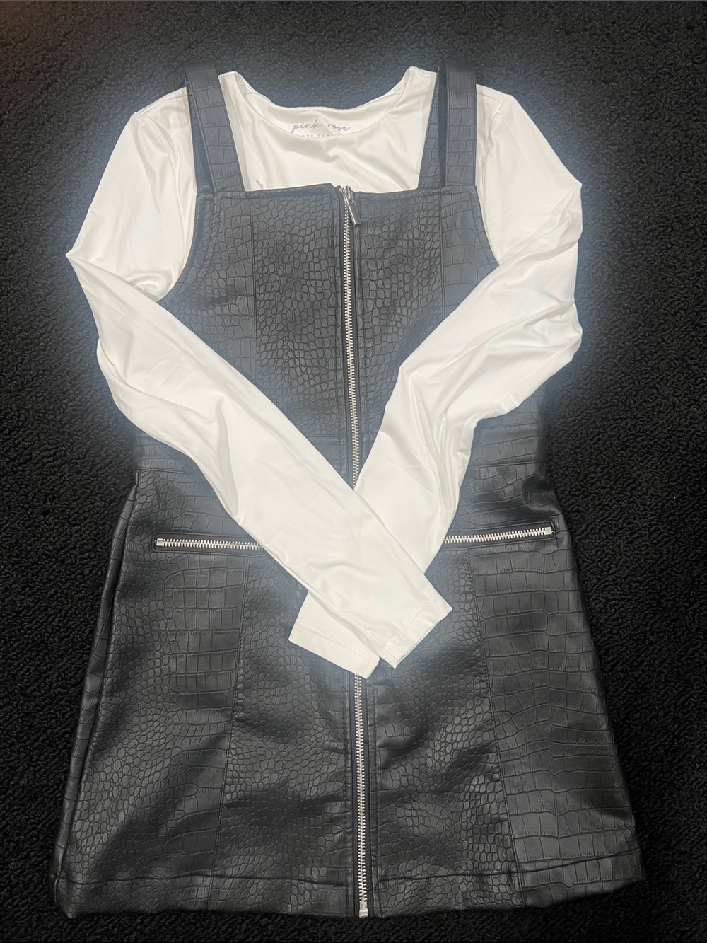 Girls Faux Leather Croc-Embossed Black Zip Front Dress